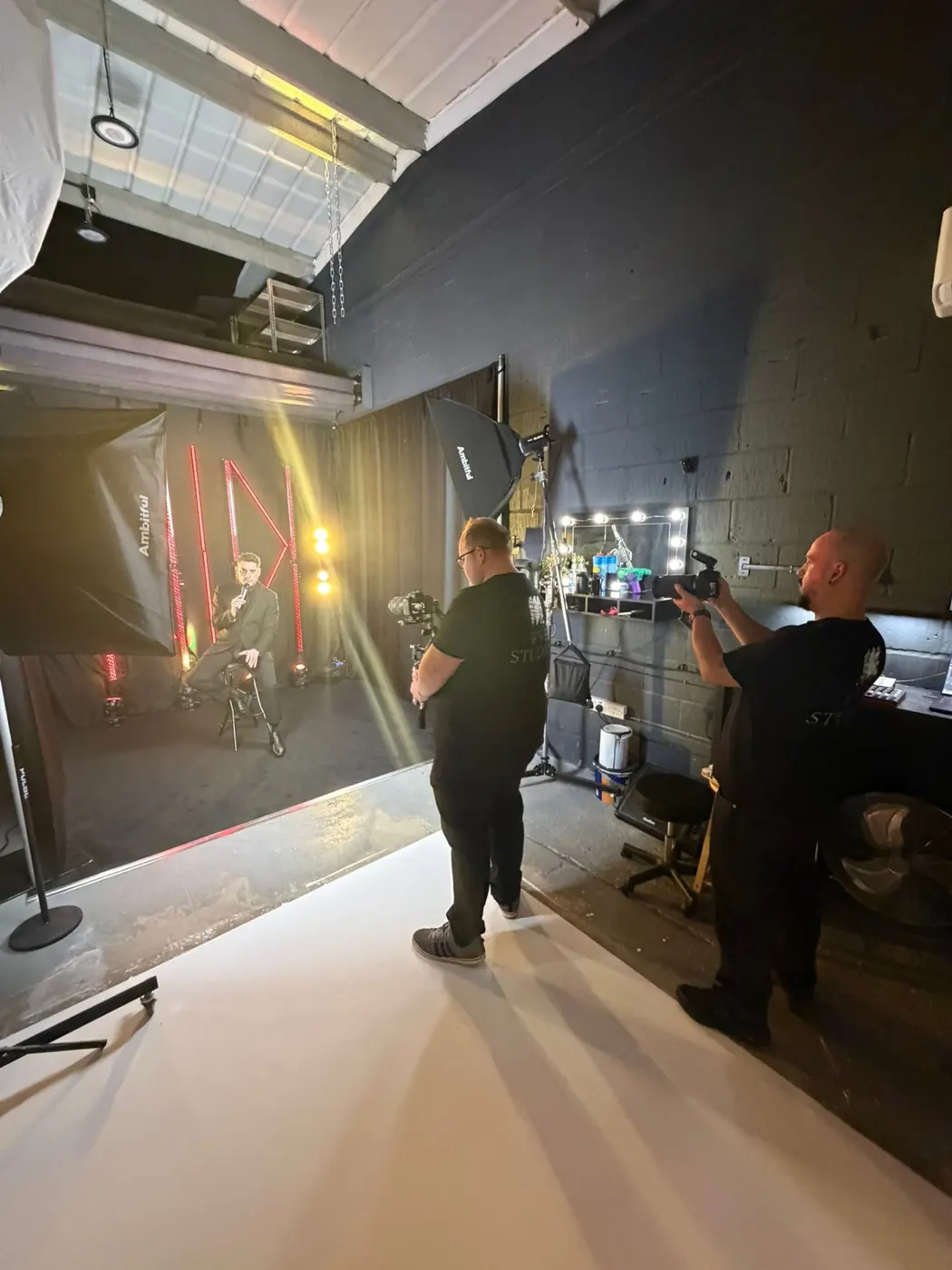 Two-camera showreel shoot with stage lighting and special FX